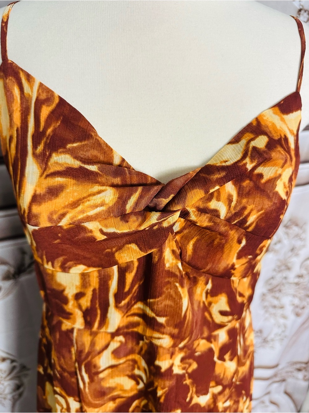 Brown Floral Maxi Slip Dress with Twisted Bodice - Picture 2 of 12